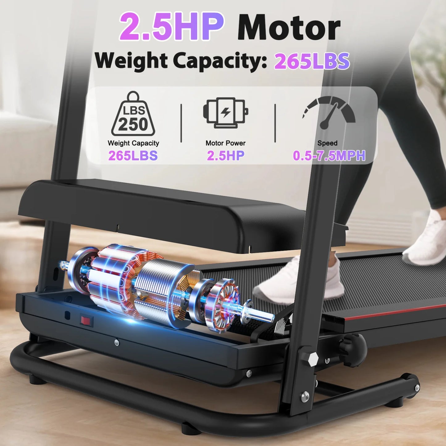 SWERTOY 2.5HP Foldable Treadmill with 3-Level Manual Incline Treadmill LED Display for Home Office 265lbs Capacity Walking Pad Jogging Running Machine