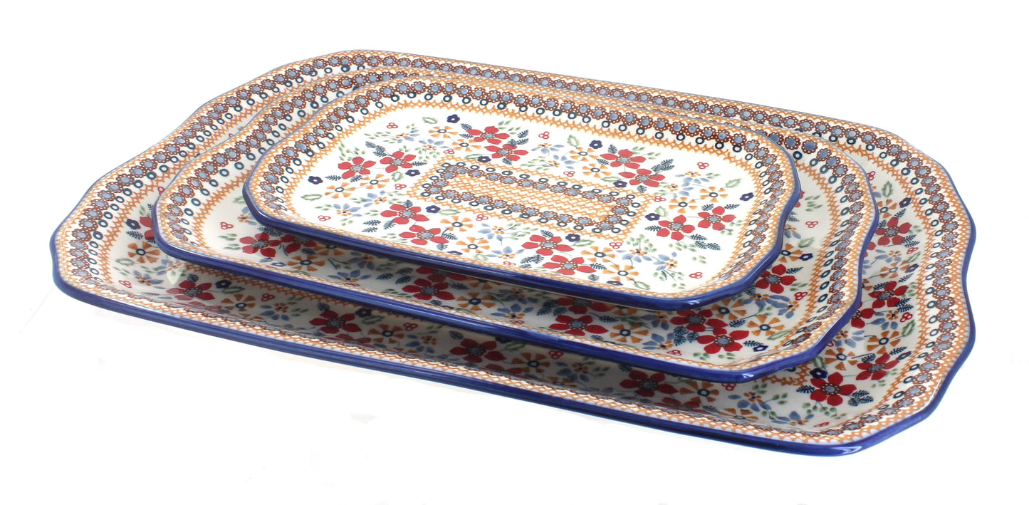 Blue Rose Polish Pottery Sunflower 3 Piece Rectangular Serving Dish Set
