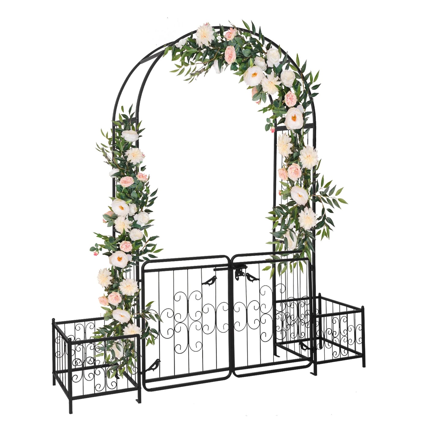 7.2 ft Black Iron Garden Trellis Arch with Door & Planting Frame - Rustproof Arbor for Climbing Plants, Roses, Vines