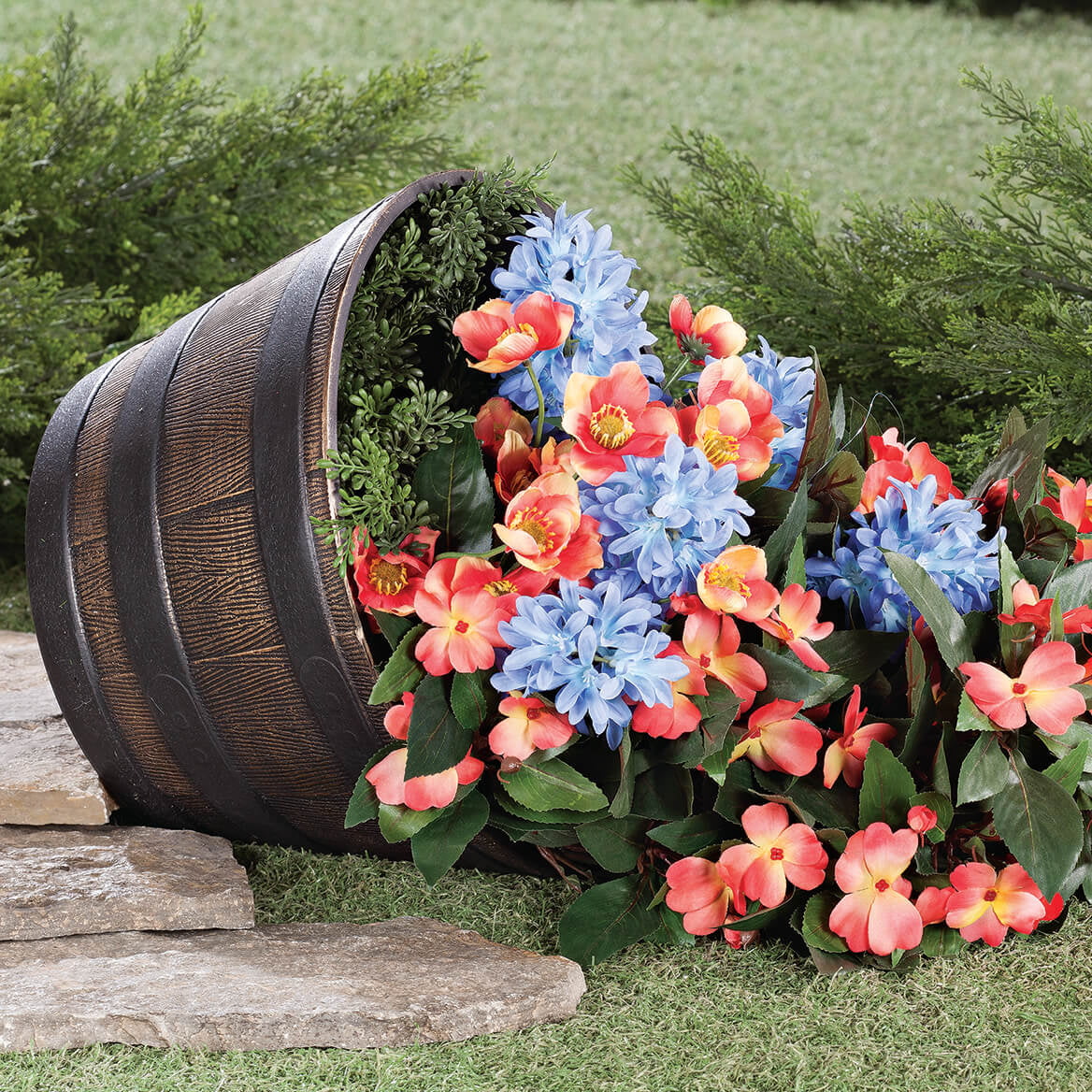 Fox Valley Traders Realistic Wood-Look Barrel Planters, Lightweight Durable Plastic, Set of 4, Each 8°?High x 13" dia.