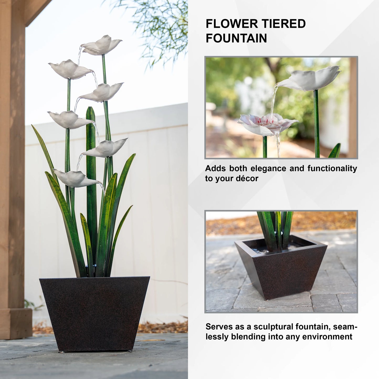 XBrand Metal Sculptural Multi-tiered Flower Water Fountain, Black & White, 39" Tall, w/LED Lights