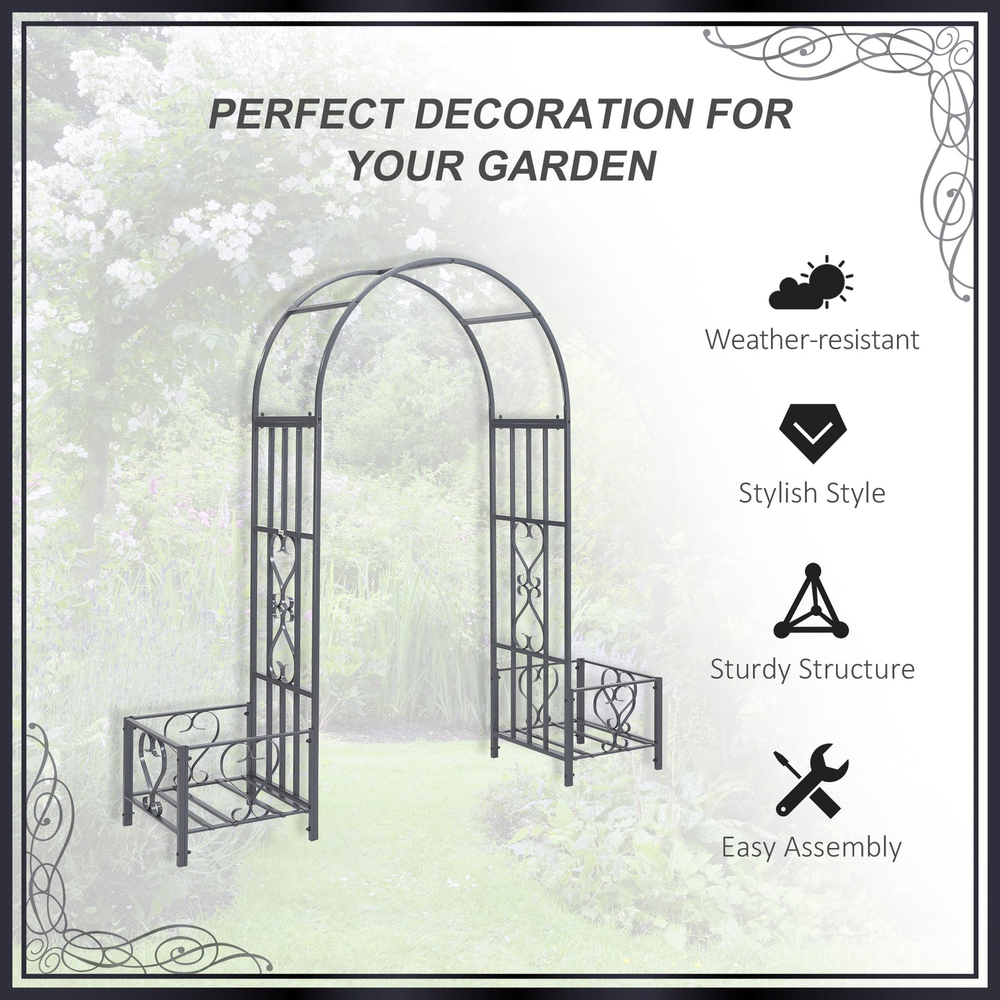 Outsunny Garden Arbor & Wedding Arch with Planters & Heart Motifs