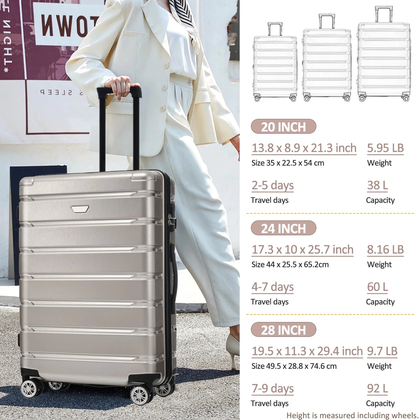 EUROCO 3 Piece Luggage Sets, ABS+PC Hardshell Suitcase with Spinner Wheels,Lightweight Durable Travel Suitcase Set for Men Women,Fog Gray
