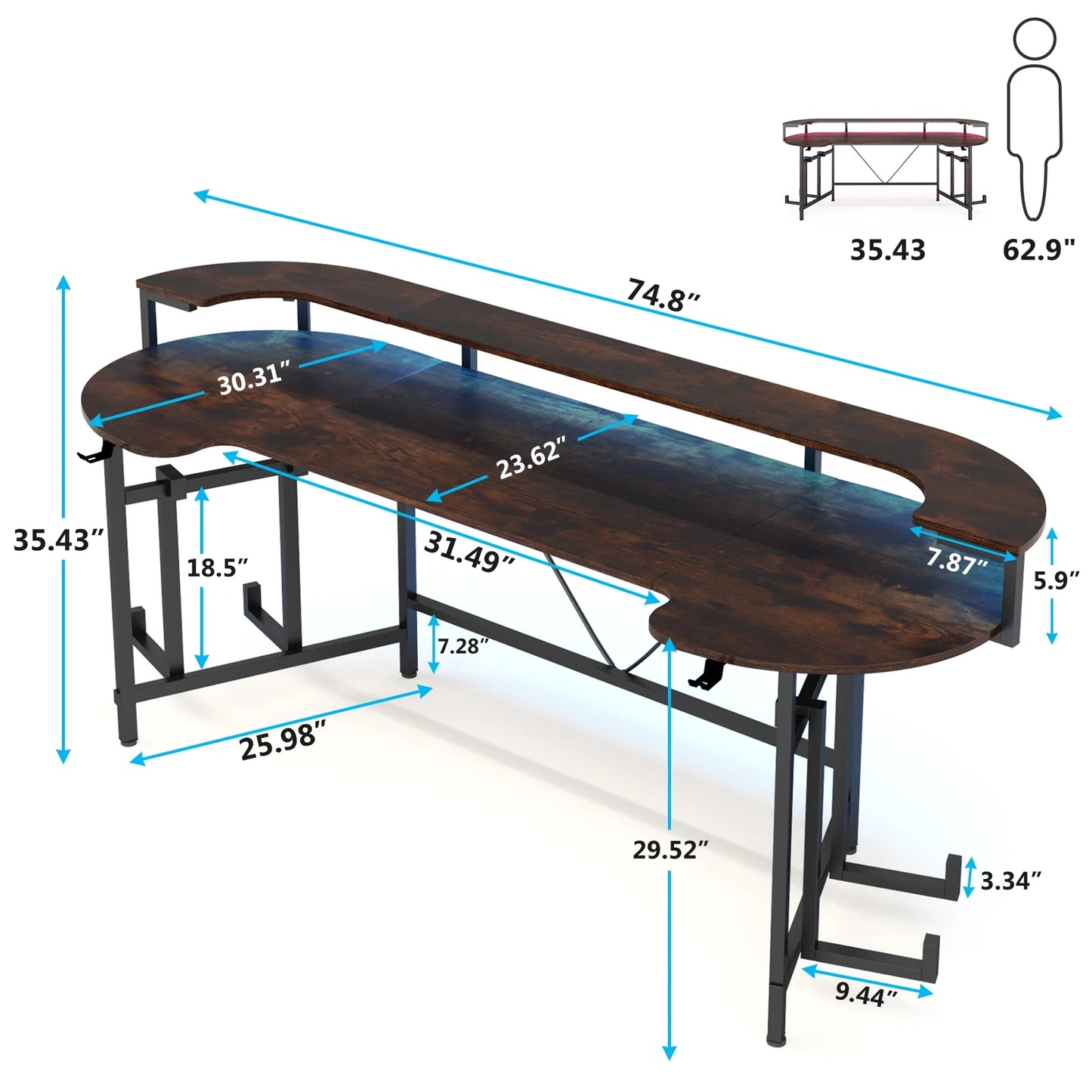 Tribesigns Gaming Desk with Monitor Shelf, 75 inch PC Computer Desk with LED Strip, Carbon Fiber Surface Gaming Table Gamer Workstation for Bedroom, Home Office, Black