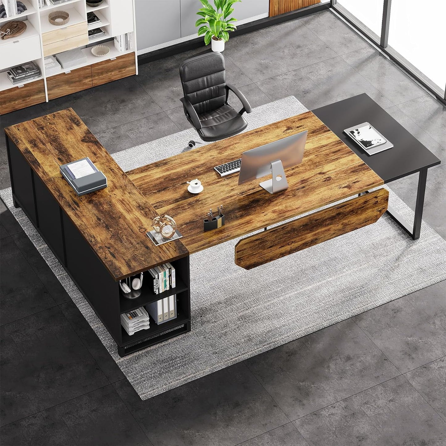 Tribesigns 70.8" L-Shaped Executive Desk with 55" File Cabinet, Modern L-Shaped Computer Desk with Storage Shelves and Cabinet for Home Office, Walnut White