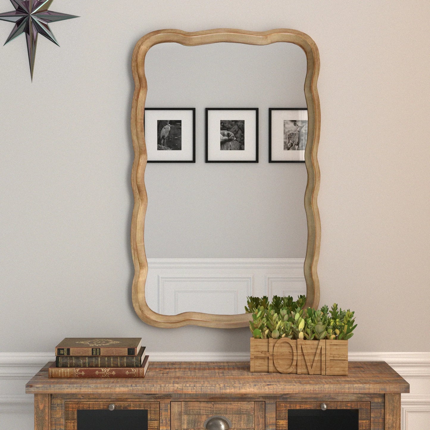 COZAYH Curved Wood Frame Accent Mirror, Farmhouse French Country Decorative Wall Mirror, Rectangle 23.5" L x 38" W, Natural