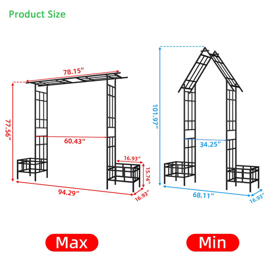 Metal Garden Arch with Plant Box and Adjustable Width, 2 in 1 House Shape Garden Arch Trellis for Climbing Plants Heavy Duty Steel Pergola Arch for Wedding Party Backyard Outdoor (Black)