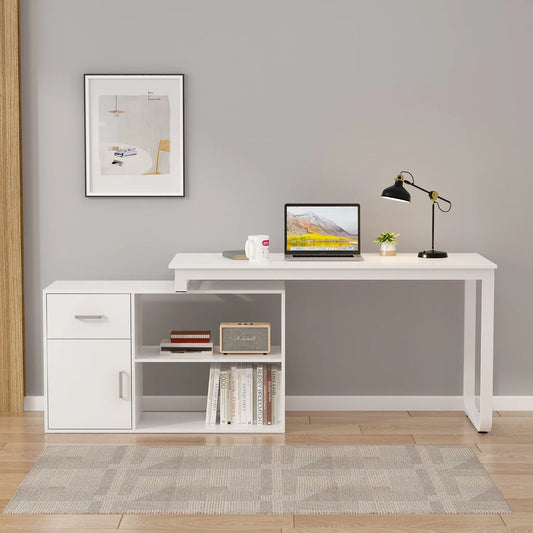 OXYLIFE 55 Inch Reversible Home Office Desk, Wood L-Shaped Corner Desk, Writing Workstation with Drawer, Shelves and File Cabinet, White
