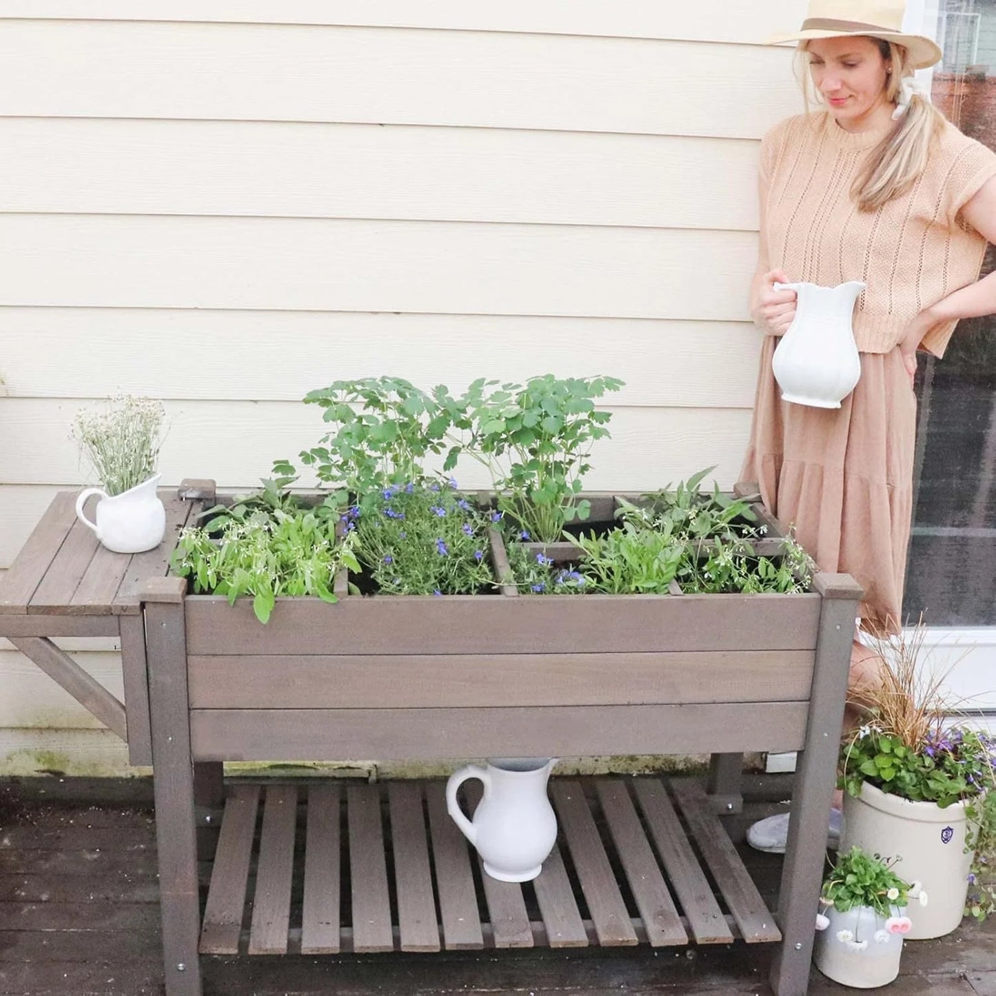 MEDEHOO Elevated Wooden Planter Box with Locking Casters - 52.7" L x 22" W x 30" H Raised Garden Bed, Removable Liner & 230lb Weight Capacity for Outdoor Plants