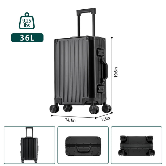 HDUTNGISN 14"x7.8°x19.6" Aluminum Carry-On Luggage Airline Approved,Zipperless Hard Shell with Spinner Wheels (20"Black)