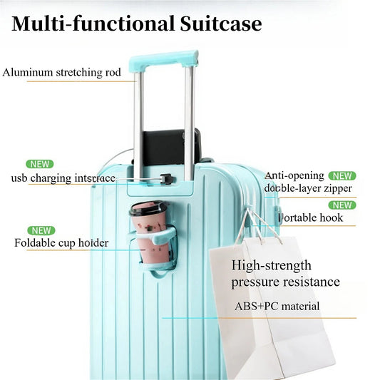 20" Expandable Luggage with Spinner Wheels+UBS+Cup Holder+Side Hooks ,ABS+PC,Multifunctional Suitcases with Wheels(BLUE)