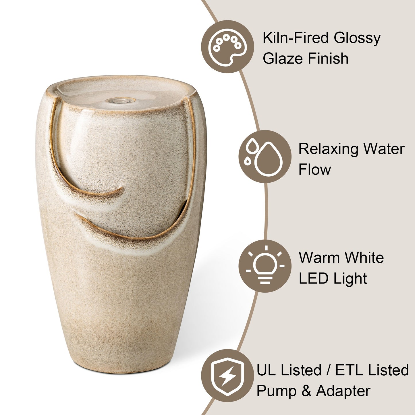 Glitzhome 21.25 Inch Tall Ceramic Vase Fountain Ceramic with Pump and LED Light Outdoor Fountain