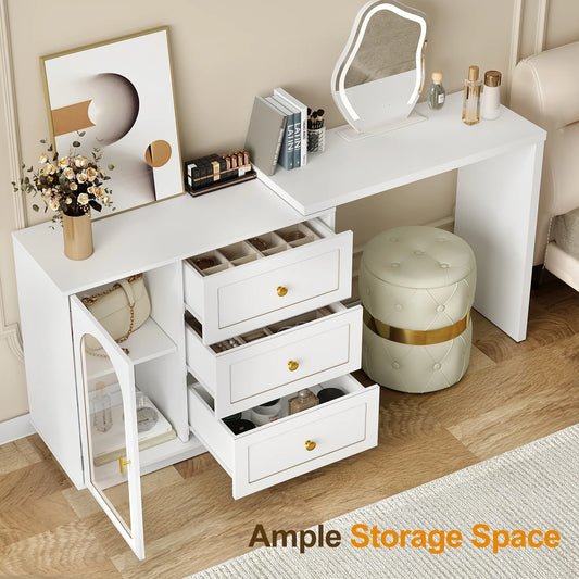 CozyHome 59° Extendable Corner Vanity Desk with Rotatable Tabletop, Large White Makeup Vanity Table for Women Girl, 3 Drawer & 1 Door, Wood Vanity Dresser for Apartment, Dorm, Study Room, Home Office