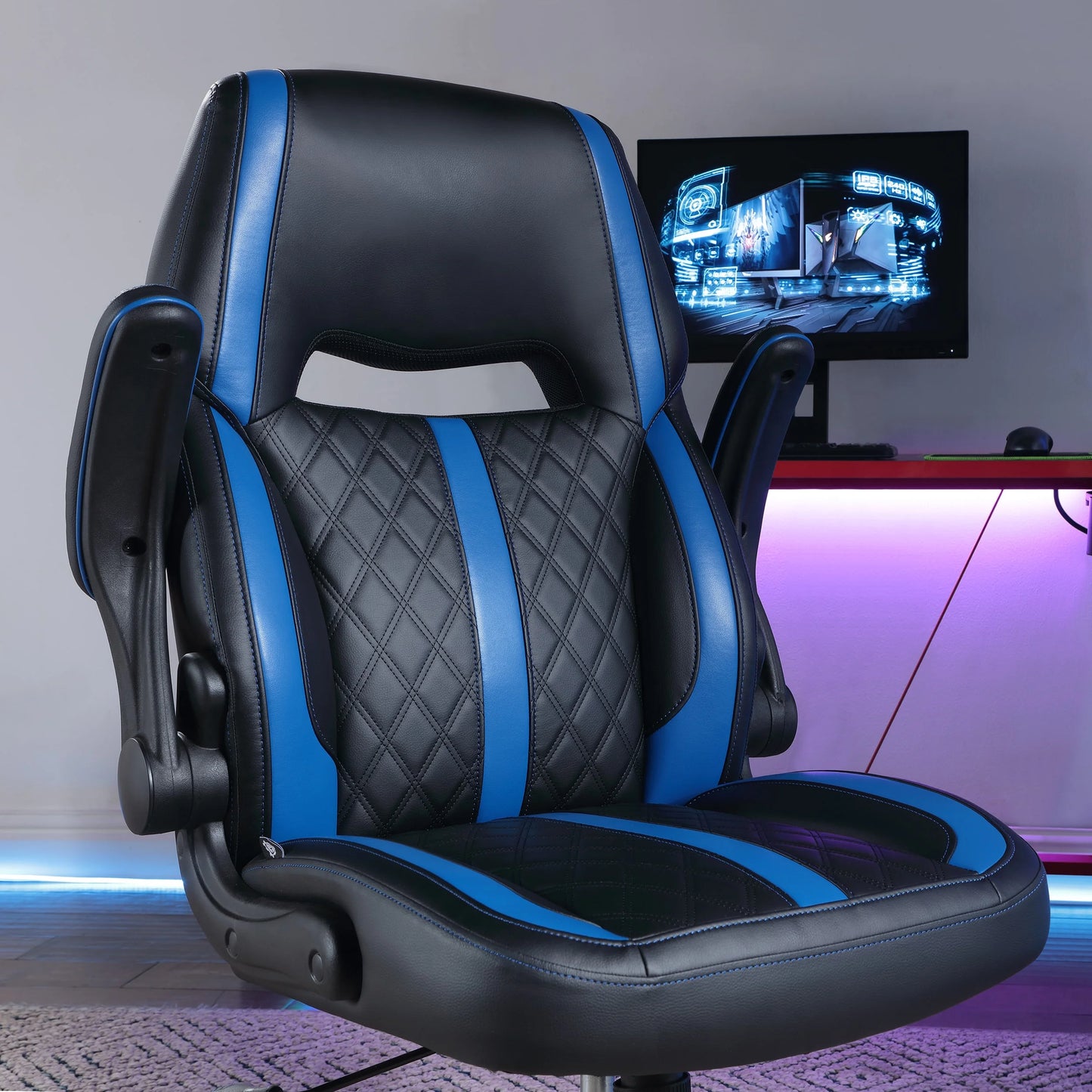 Gamer Gear Maven Gaming Chair with Flip-Up Armrest and Adjustable Height and Tilt, Teens and Adults, Black and Blue Accents