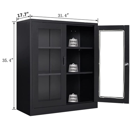 Drevy Metal Storage Cabinet with Doors and Shelves,Glass Cabinet Display Cabinet with Glass Doors,Office Cabinet with Storage Shelves and Double Doors, for Garage and Utility Room, Home Office