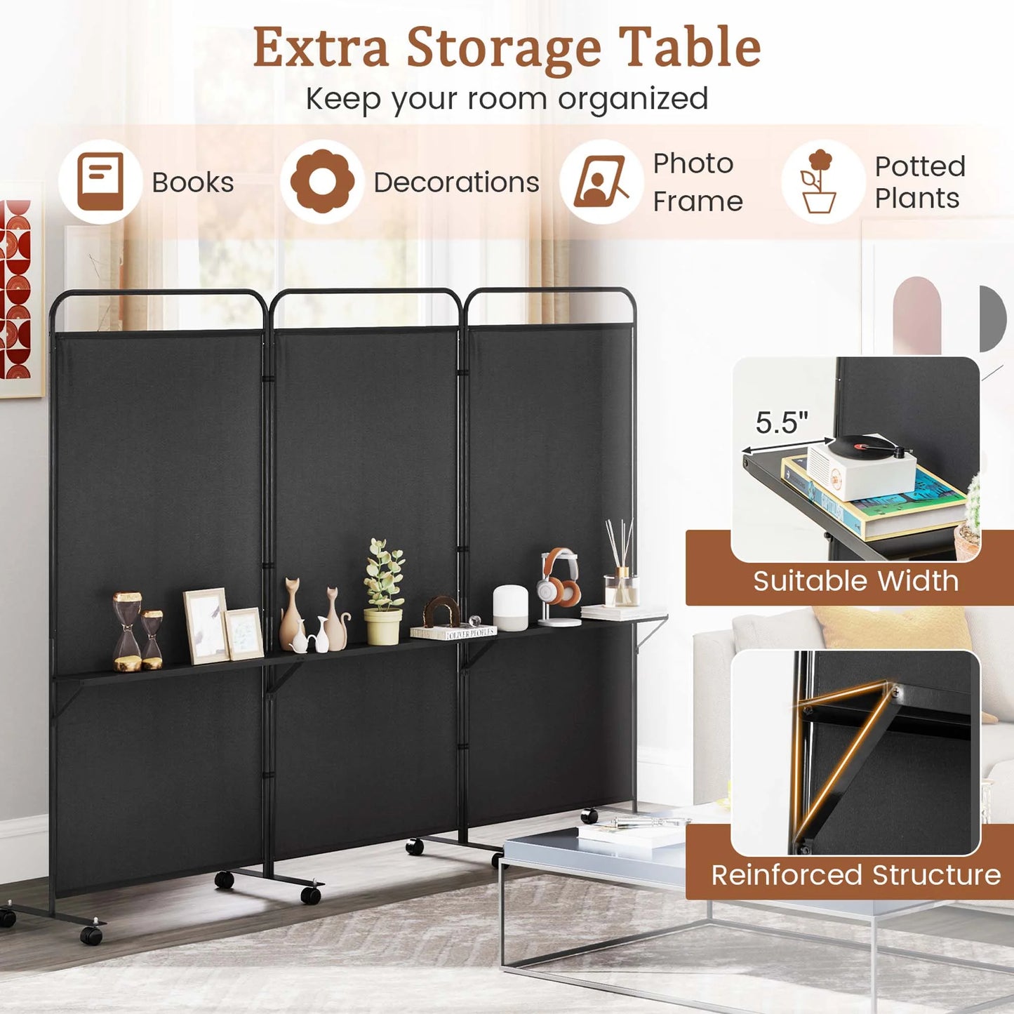 Costway 3-Panel Room Divider with Storage Shelves 6FT Tall Folding Privacy Screen on Wheels Black