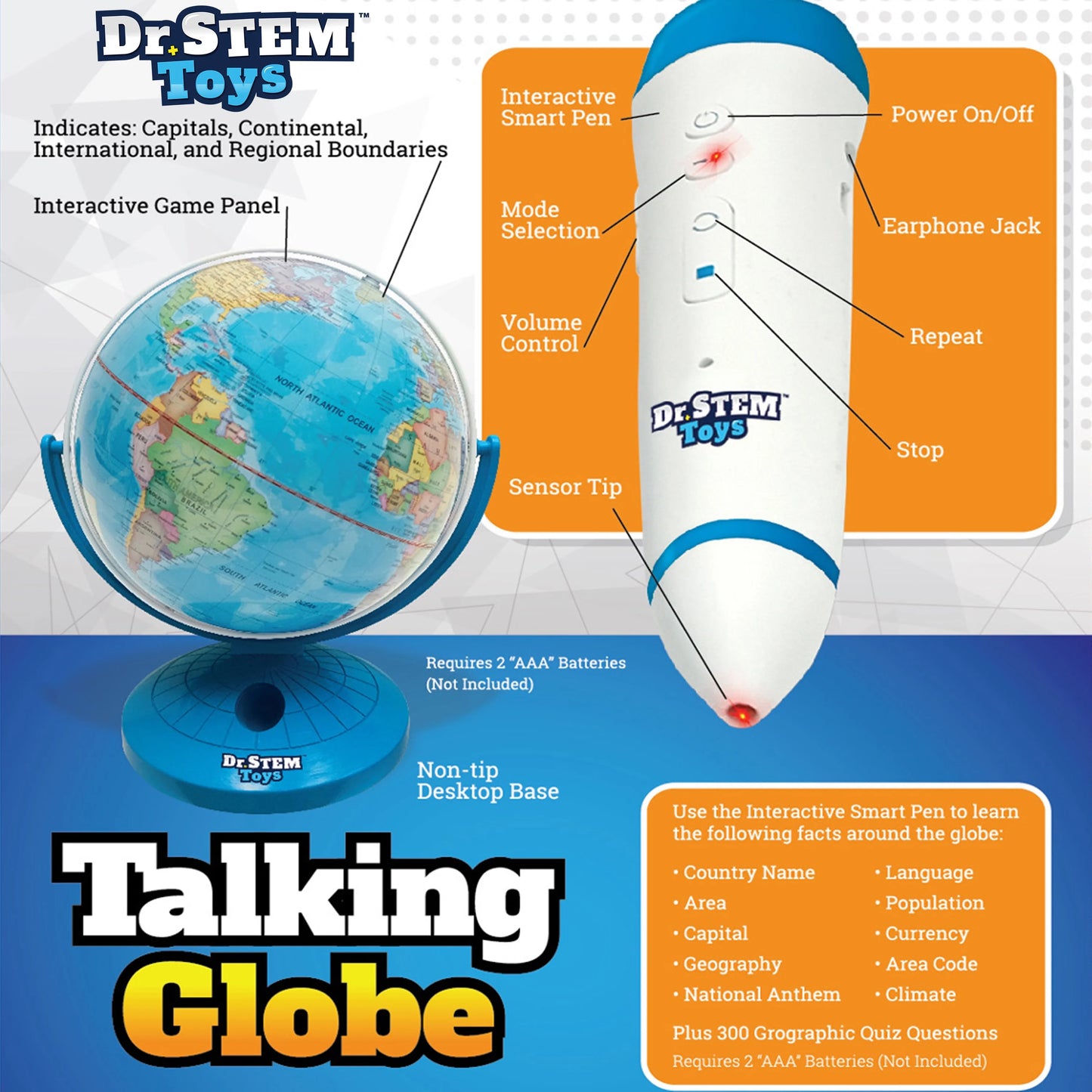Dr. STEM: Interactive Talking Globe - Touch & Learn, Geographic Education Learning Set, Smart Pen, Electronic Game Panel, 300 Quiz Questions, Kids 6+