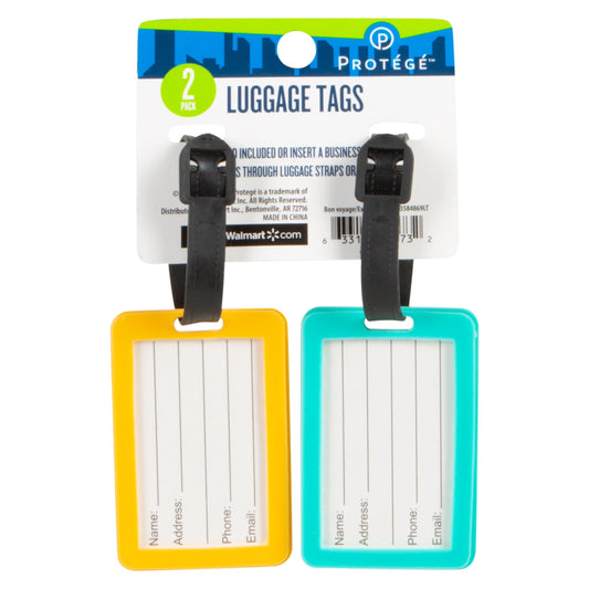 Protege Mini 2 Pack PVC Luggage Tag, "Bon Voyage/Explore", Teal & Orange
