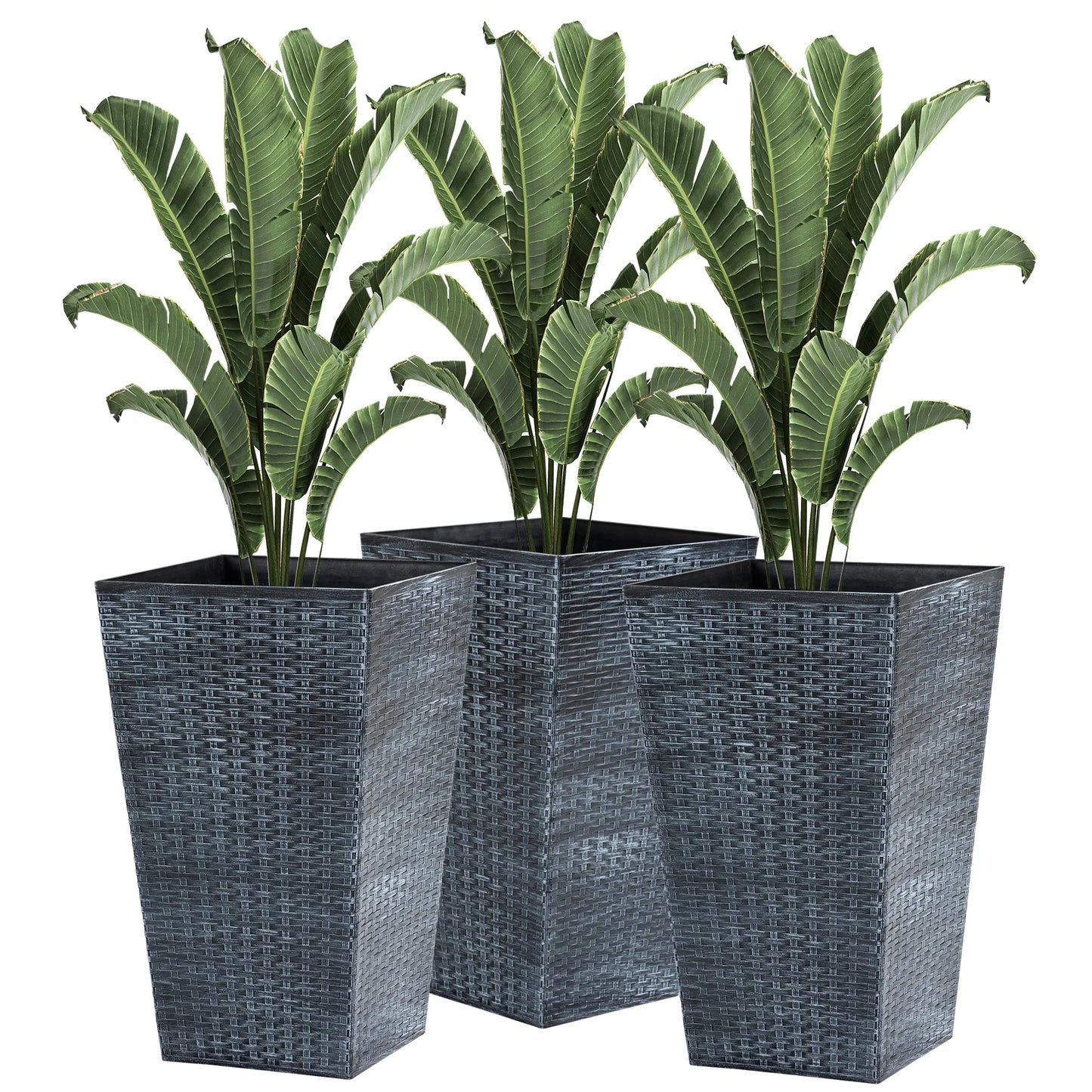 Outsunny Set of 3 Tall Planters with Drainage Hole, Outdoor Flower Plant Pots, Indoor Planters for Porch, Front Door, Entryway, Patio and Deck, Black
