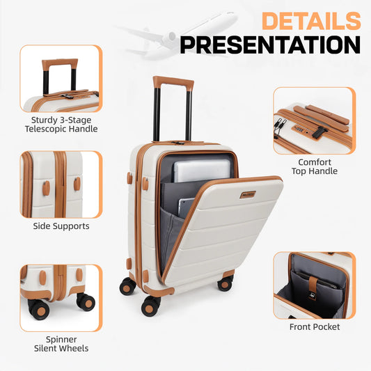 Carry On Luggage 22 x 14 x 9 Airline Approved Lightweight Hardside Spinner Luggage with TSA Lock and Laptop Compartment, Beige, CY2431