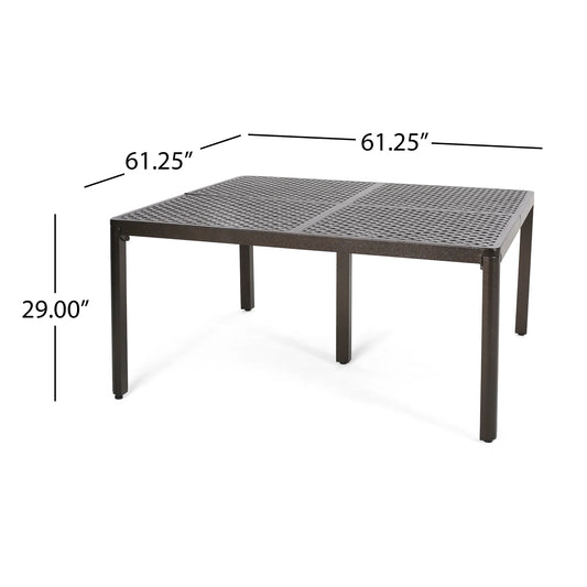 Modern Aluminum Dining Table, 61.25" Square, Gloss Black With Woven Accents, Rust , 8 Seats Poolside Area 62" Outdoor