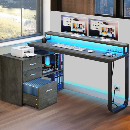 DWVO 55" L Shaped Desk with Power Outlets and Monitor Stand , Computer Desk with LED Light &File Cabinet, Corner Desk with 3 Drawers, White Modern Home Office Desk, Gray