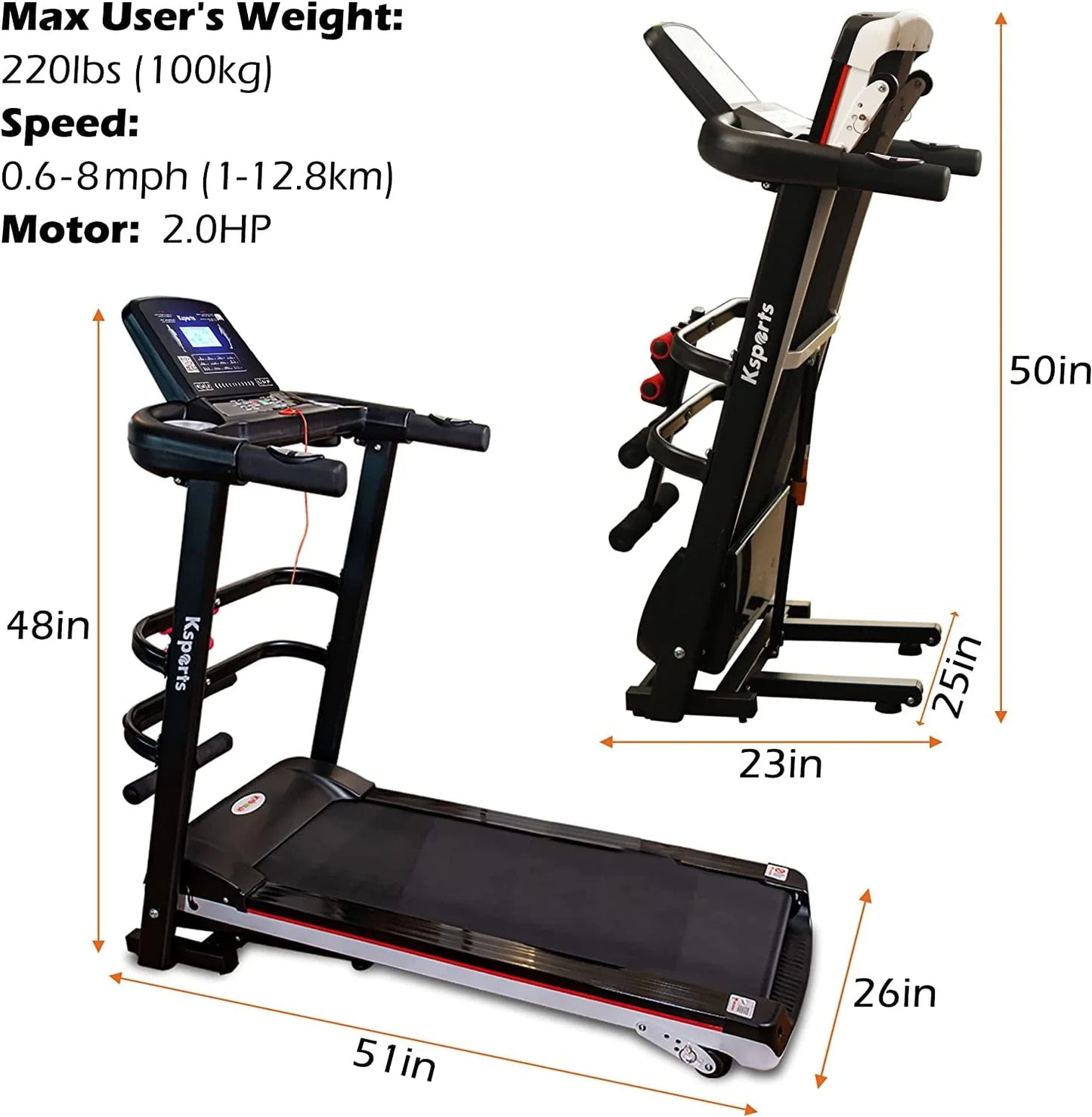 Ksports Treadmill Bundle Comprising of Electric Treadmill with 4 Incline Positions, Pneumatic Folding, Sit Ups Rack, Ab Mat & Dumb Bells with Smart Apps for Home Office Gym or Small Spaces