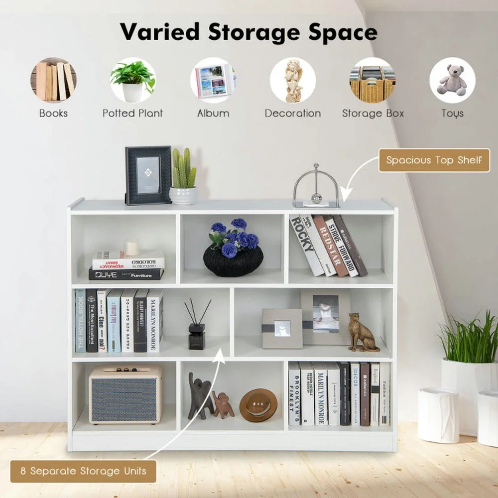 Spaco 3-Tier Open Bookcase 8-Cube Floor Standing Storage Shelves-Natural, Tall Bookshelf, Shelves for Living Room, Home Office, Bedroom, Balcony