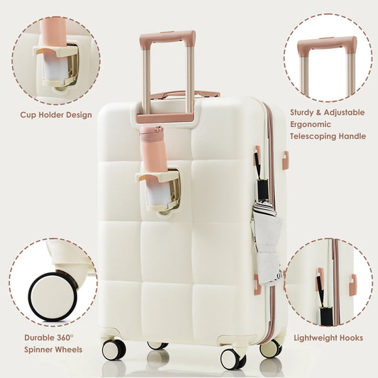 POWANLI 3PCS Luggage Set,20'' Luggage with USB Port, Airline Certified Carry-on Luggage set with Cup Holder, ABS Hard Shell Luggage with Spinner Wheels Beige+Gold