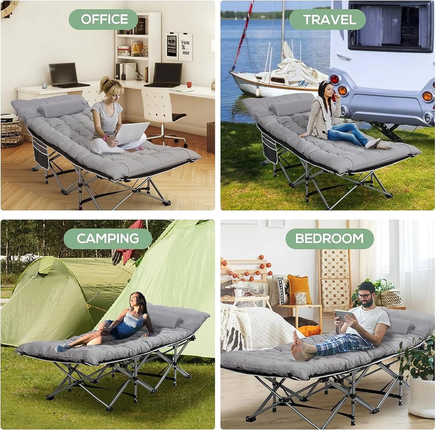 NALONE Camping Cots for Adults with 3.5 Inch Extra Thick Mattress, Cots for Sleeping 900 LBS, Folding Cot with Mattress, Heavy Duty Sleeping Cots Camping Bed for Home Office Outdoor(Gray)