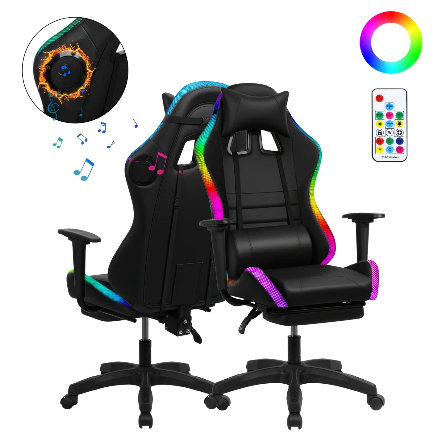 Nanly Gaming Chair with Retractable Footrest, Ergonomic Computer Racing Chair with Two Bluetooth-compatible Speakers and Multiple RGB LED Light Modes Swivel Rolling Computer Chair for Home Office