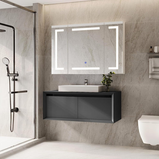 Lighted Medicine Cabinet with Mirror& LED Light for Bathroom,Wall Mounted Bathroom Mirror Cabinet with Storage and 2 Outlet and 3 Doors for Home, White, 39.4" x 23.6"