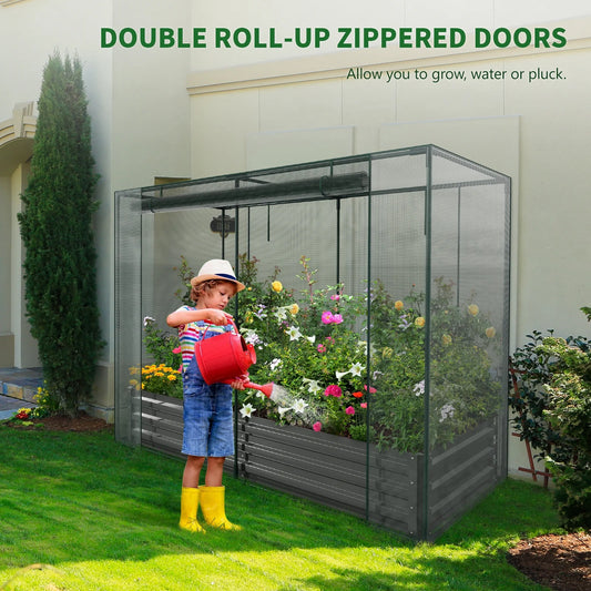 Slsy Galvanized Raised Garden Bed Kit w/Crop Cage Anti-Bird Netting Mesh Cover, 71" x 35.4" x 59" Large Metal Outdoor Planter Garden Boxes w/2 Roll-Up Zippered Doors, for Vegetables Herbs Flowers
