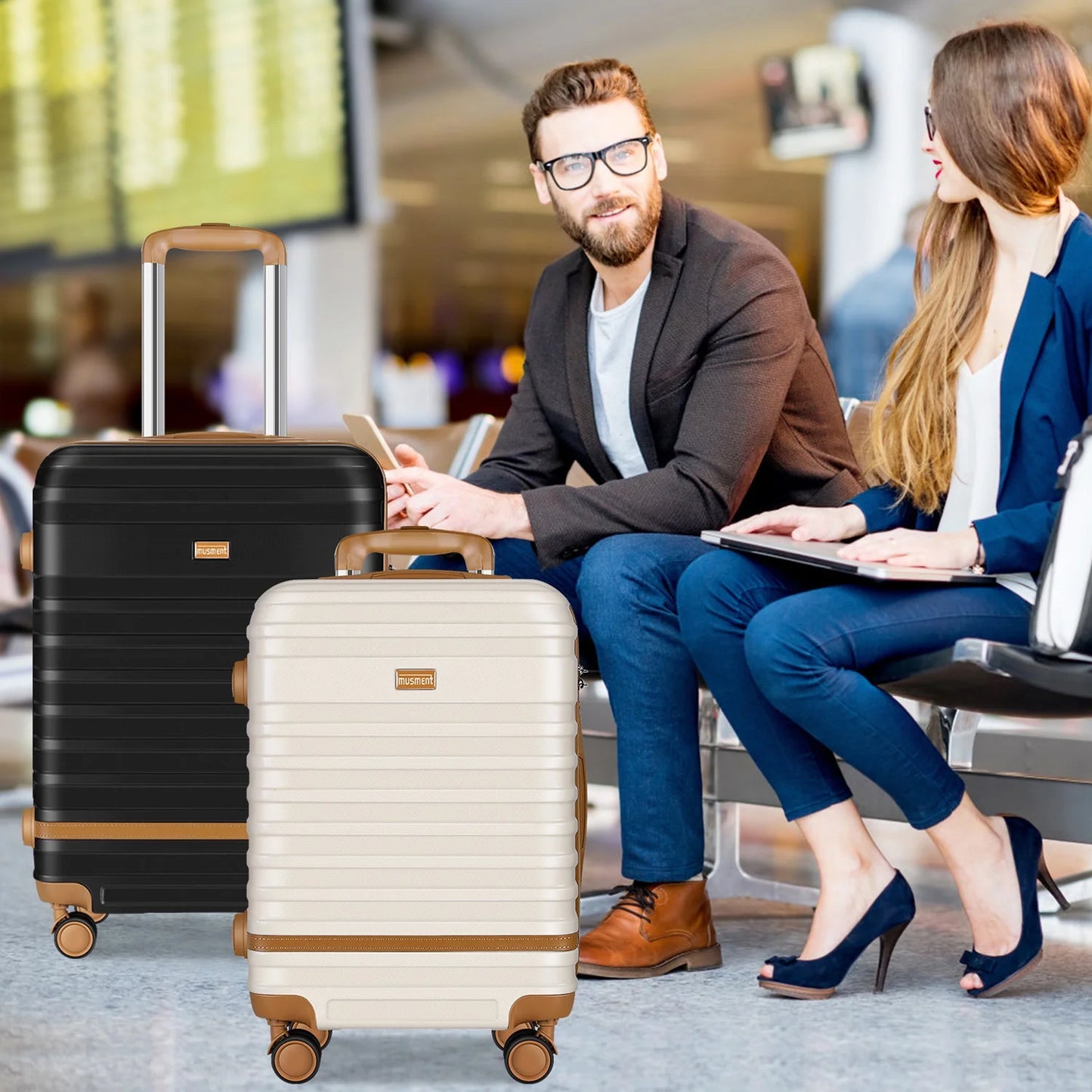 3 Piece Luggage Sets and Travel Duffel Bag, ABS Hardshell Hardside Checked Luggage with TSA Lock and Double Spinner Wheels Suitcase, Black