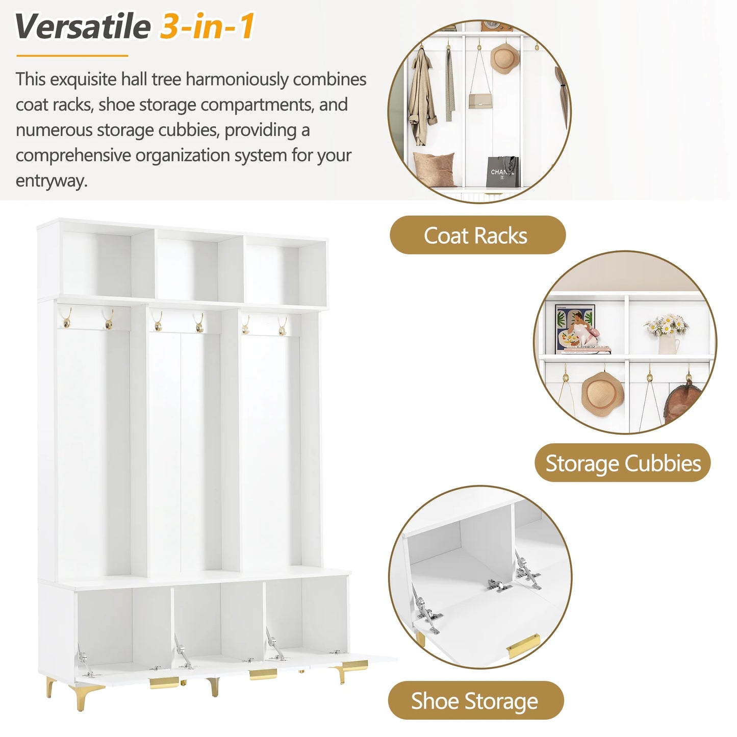 Euroco Modern Hall Tree with High Gloss Fluted Doors, Gold Accents, Shoe Storage & Bench - Entryway Organizer with Cubbies and Coat Hooks