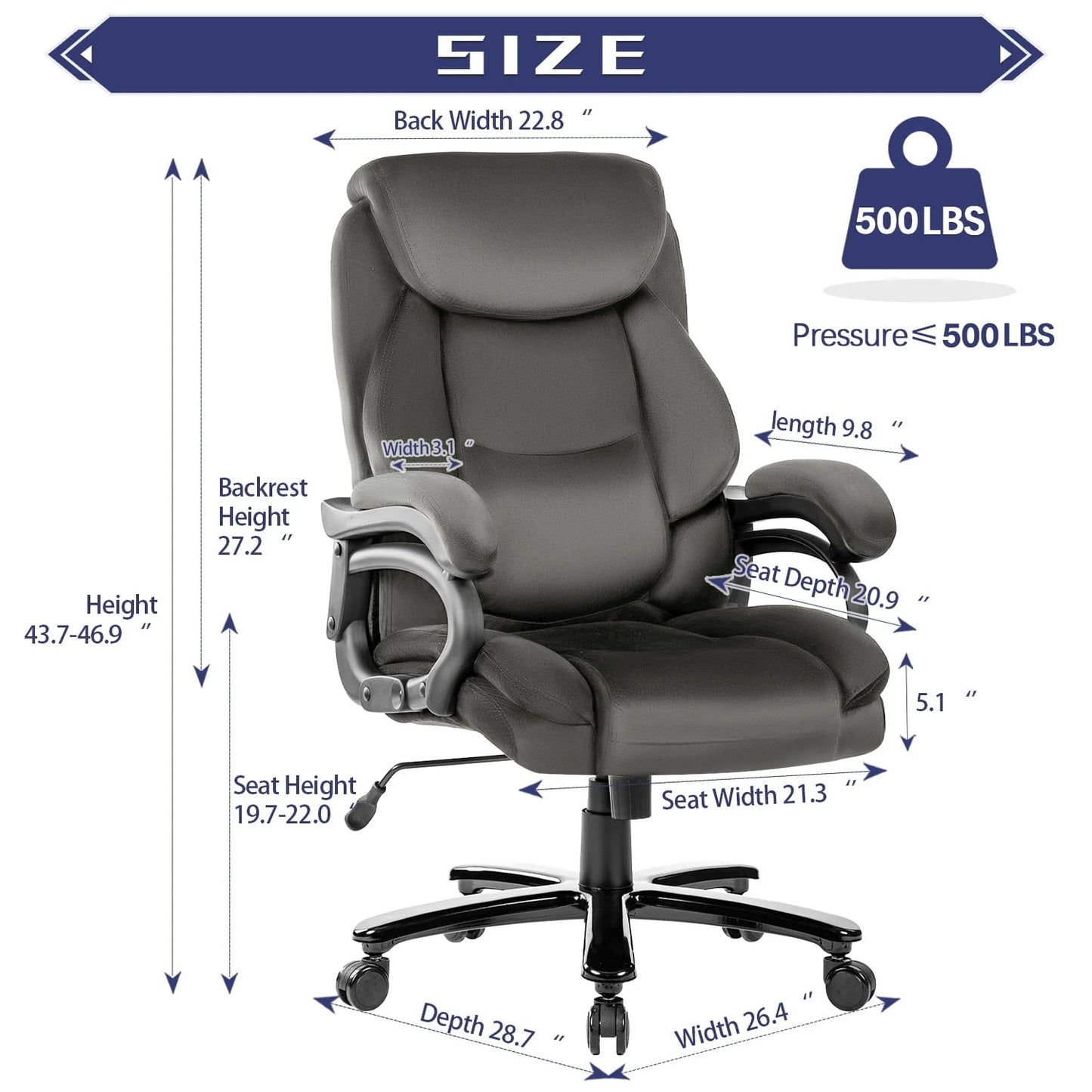 JONPONY Home Office Chair, Big and Tall Chair 8 Hours Heavy Duty Design, Ergonomic High Back Cushion Lumbar Back Support, Computer Desk Chair, Adjustable Executive Leather Chair with Arms,Grey