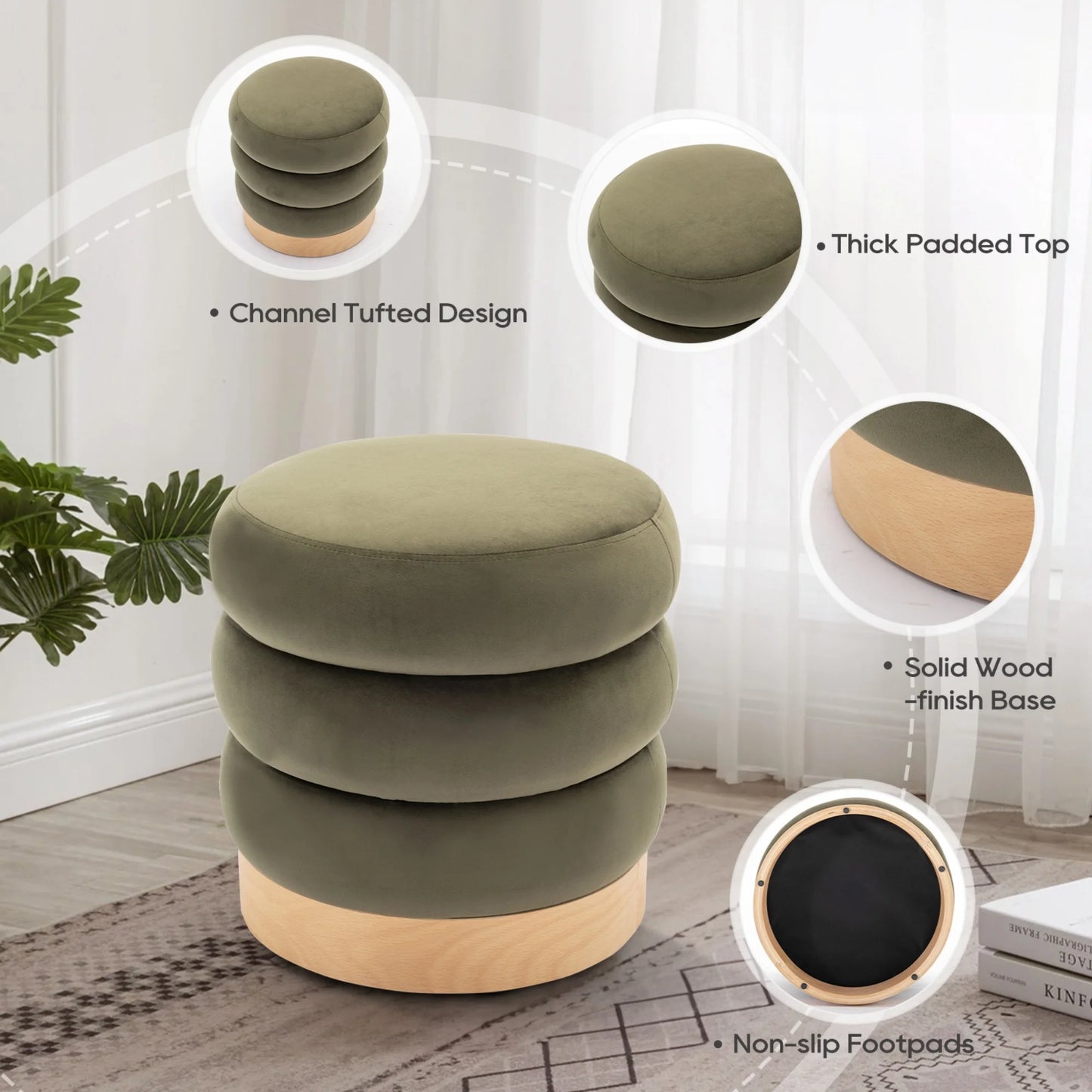 COLAMY Velvet Tufted Ottoman Footstool, Versatile Round Pouf and Side Table - Green