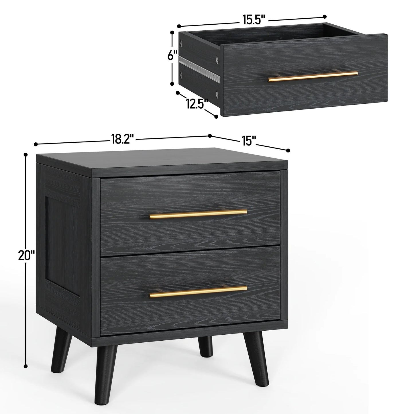 Bedroom Set - Includes Full Size Bed Frame (Dark Gray), Nightstands, 5-Drawer Dresser & Double Wide 6-Drawer Dresser - Modern Storage Solution for Stylish Home Decor, Black