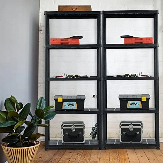 5 Tier Plastic Storage Shelves, Easy to Assemble Garage Rack, Multi-Use Free Standing Shelf Unit, Heavy Duty Shelving for Home Office, Black(2, 36° L X 18° W X 73° H)