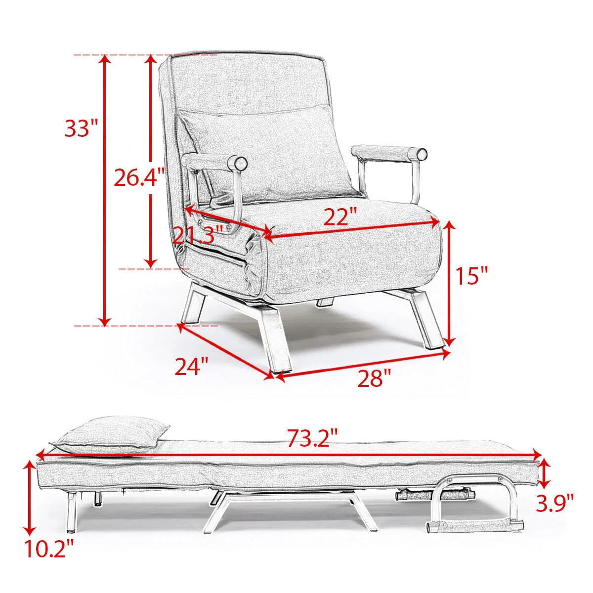 Cfowner Convertible Sofa Bed Sleeper Chair, 5 Position Adjustable Backrest, Folding Arm Chair Sleeper w/Pillow, Upholstered Seat, Leisure Chaise Lounge Couch for Home Office