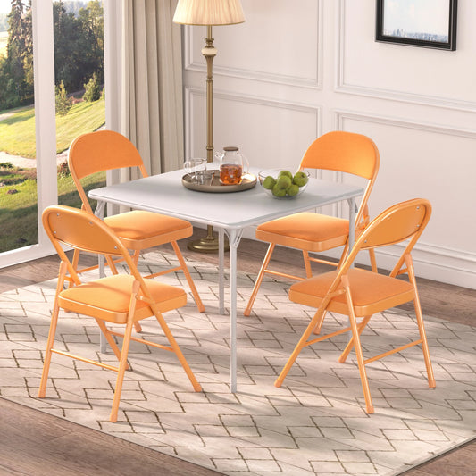 VECELO Set of 4 Folding Chairs, Fabric Dining Chair Set with Padded Cushion and Back, Indoor Outdoor Upholstered Seat with Metal Frame for Home Office Events Wedding Party, Orange