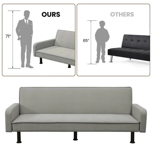 Aukfa 78" Square Arm Futon Sofa Bed Upholstered 3 Seat Couch for Home Office, Flannel, Light Gray