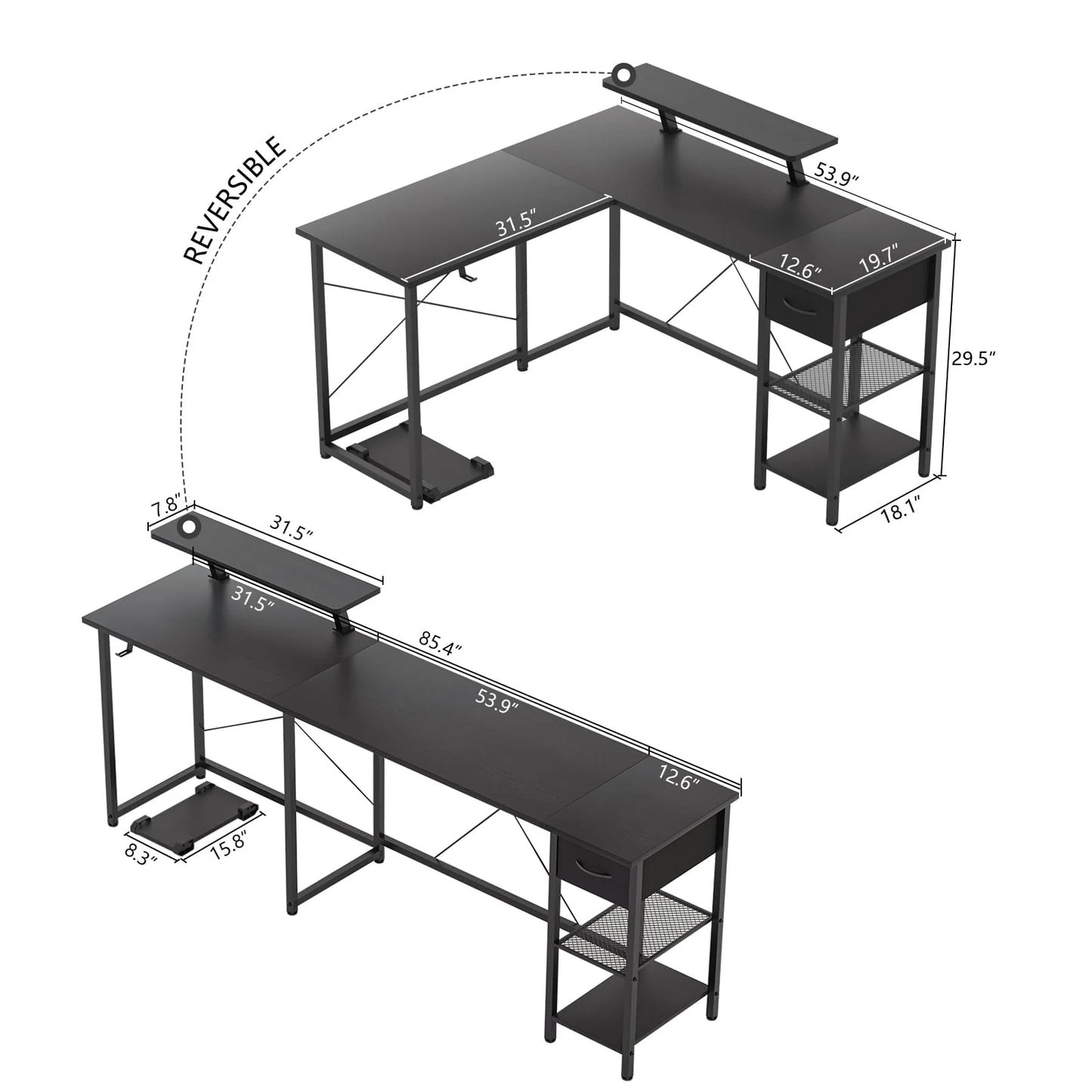 L Shaped Computer Desk with Storage Shelves, Hook and Monitor Stand, Modern Reversible Corner Gaming Table Sturdy Writing Workstation Space Saving for Home Office, Black