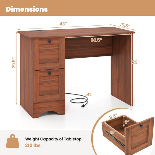 BHUIK Vintage Computer Desk with Charging Station, 43" Home Office Writing Table with 3 Drawers, USB & Type-C Ports, Wooden Study Workstation for Small Spaces, Walnut