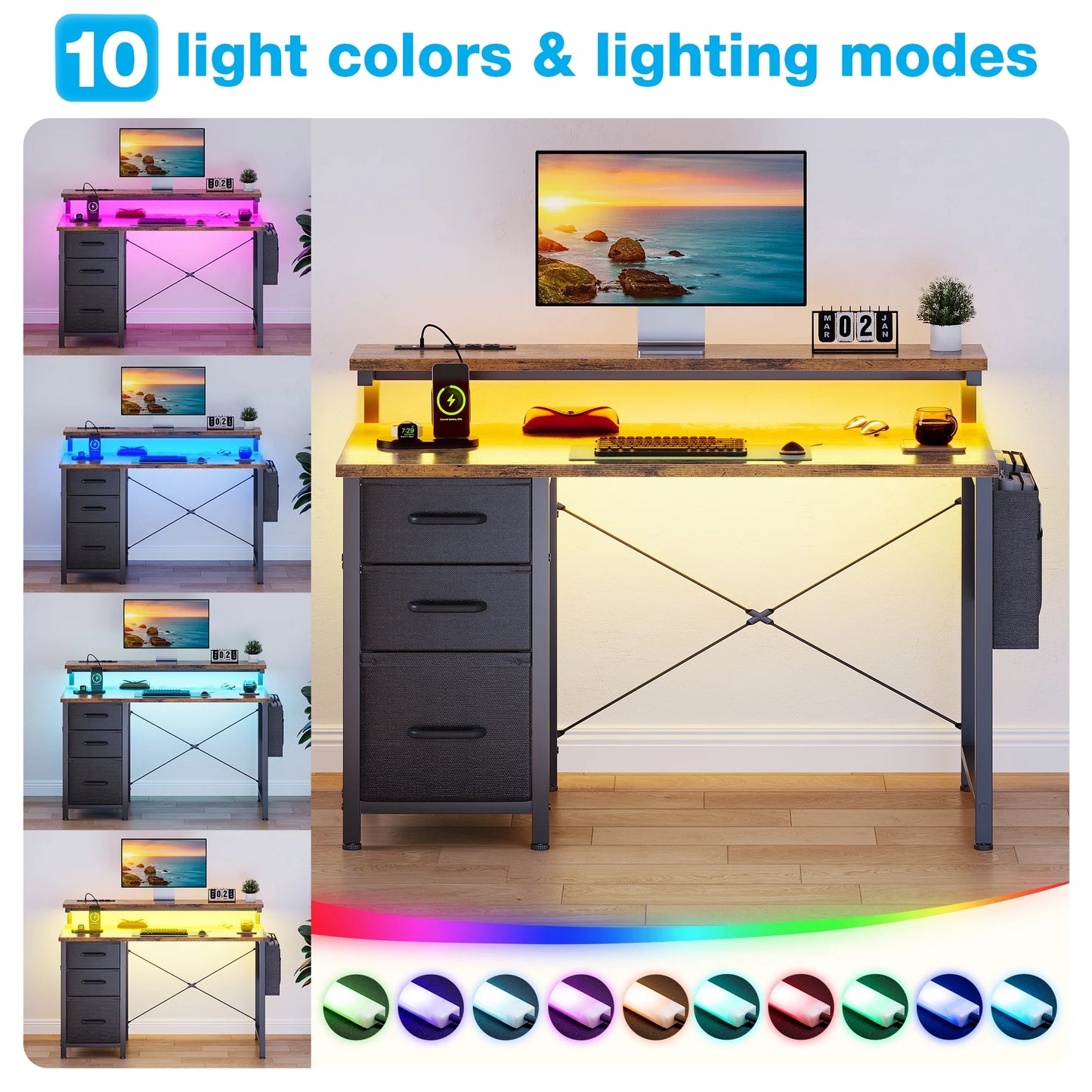 40 inch Computer Desk with Power Outlets & LED Lights, Home Office Desk with 3 Drawers & Adjustable Monitor Shelf,, Writing Desk with Storage Bag, Vintage