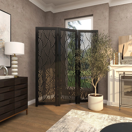 DecMode 60" x 72" Black Mango Wood Abstract Wavy Cutout 3 Panel Room Divider Screen, 1-Piece