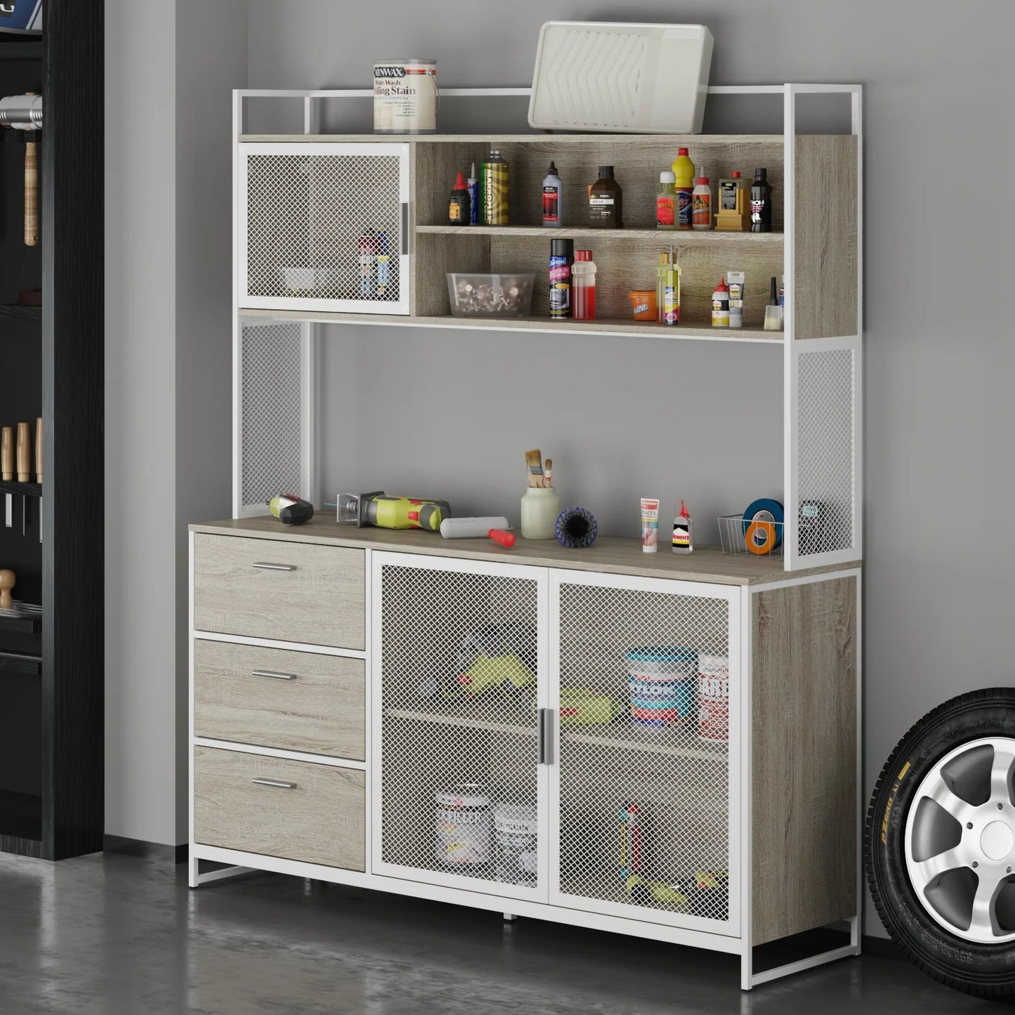 WIAWG Garage Cabinet with 3 Drawers and Metal Mesh Door, Industrial Mutifunctional Tool Storage Cabinet for Warehouse, Basement, Home Office (Walnut)