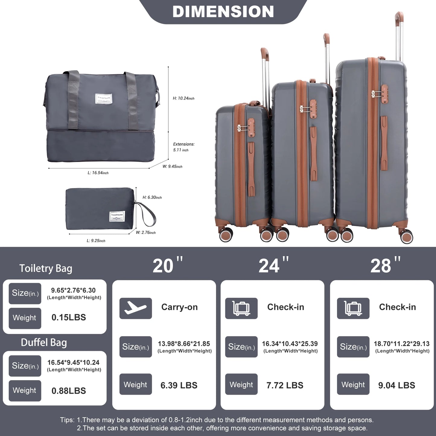 Hard Luggage Case 5-Piece Set (20"24"28 +a travel bag and a toiletry bag) ,PP Hardshell Carry on Luggage Set with TSA Lock Carry On Suitcase Luggage Durable Suitcase Color DARK GREY,Travel Hard Cas