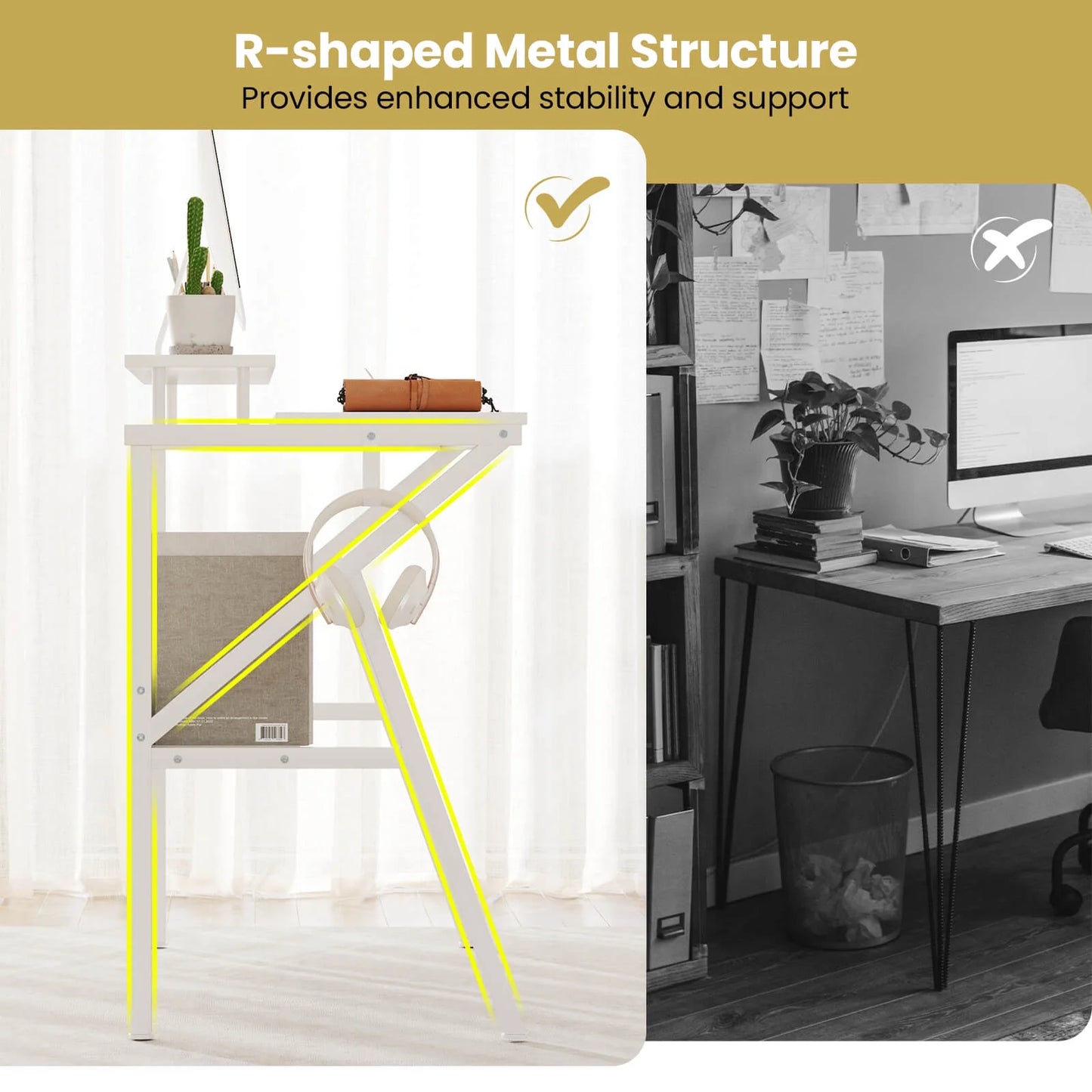 Costway Home Office Desk with Monitor Stand, Open Shelf & Metal Frame, Earphone Hook White
