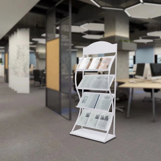 Magazine Rack Magazine Holder 4 Tier Floor-Standing Newspaper Rack Manual Book Storage Rack Iron Magazine Display Rack (White)